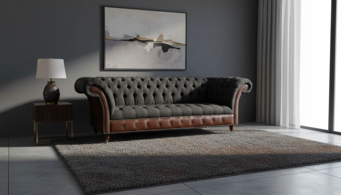 Chesterfield 3-zits bank bank leer bekleding zit stof zwart Nieuw
