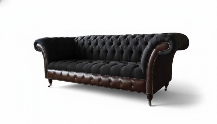 Chesterfield 3-zits bank bank leer bekleding zit stof zwart Nieuw