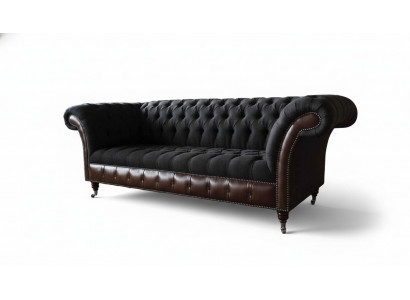 Chesterfield 3-zits bank bank leer bekleding zit stof zwart Nieuw