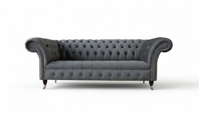 Engelse Chesterfield Bank Bank Kantoor Meubilair Driezits Fluweel 230cm Grijs