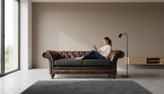 Bruine Chesterfield Engels klassiek stijl bankstel Bank 3 zitkussen 230cm.