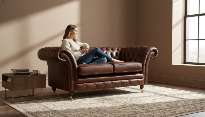 Chesterfield bank gestoffeerd in leer, banken in bruin, tweezits nieuw.