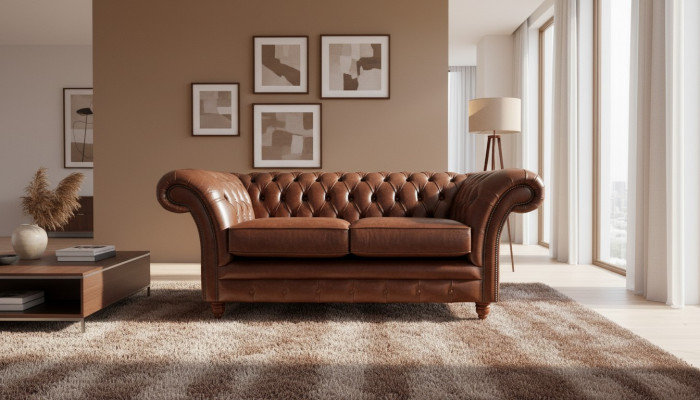 Chesterfield bank gestoffeerd in leer, banken in bruin, tweezits nieuw.