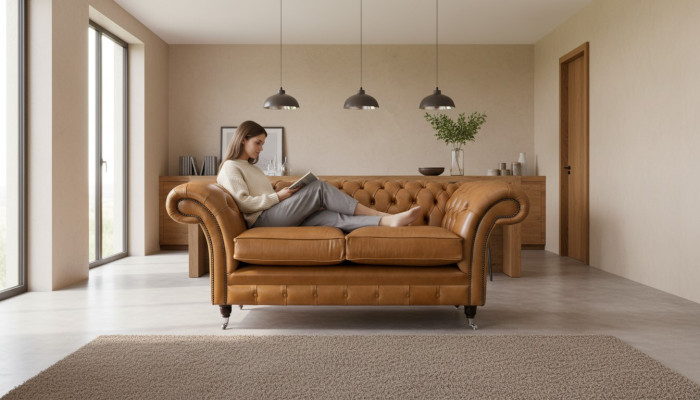 Chesterfield tweezitsbank 2-zitsbanken Gestoffeerde zitbank van bruin leer  Chesterfield twee zits bank 2-zitsbanken Gestoffeerde bank van bruin leer