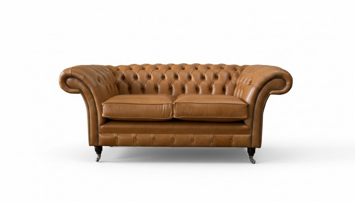 Chesterfield tweezitsbank 2-zitsbanken Gestoffeerde zitbank van bruin leer  Chesterfield twee zits bank 2-zitsbanken Gestoffeerde bank van bruin leer