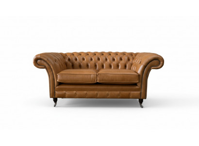 Chesterfield tweezitsbank 2-zitsbanken Gestoffeerde zitbank van bruin leer  Chesterfield twee zits bank 2-zitsbanken Gestoffeerde bank van bruin leer
