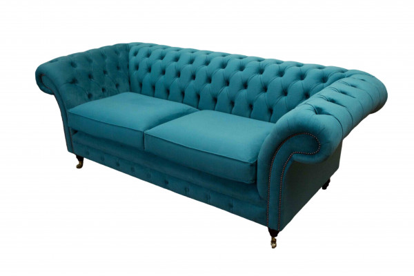 Chesterfield driepersoons blauw stoffen woonkamer design bankstel