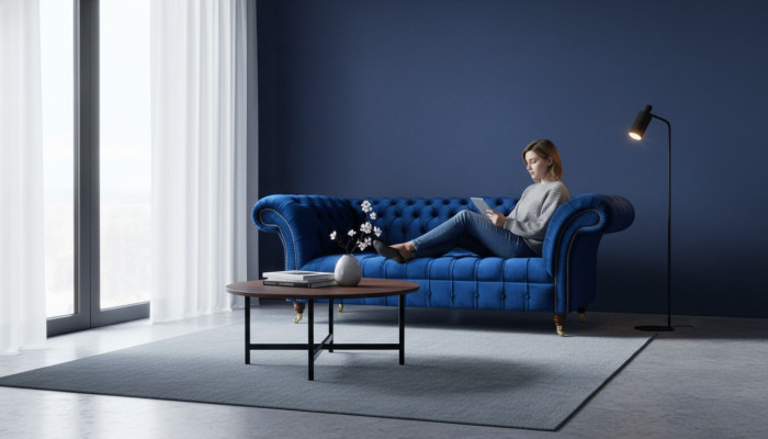Blauwe Chesterfield driezits bank 3-zits banken Luxe textiel bankstellen.