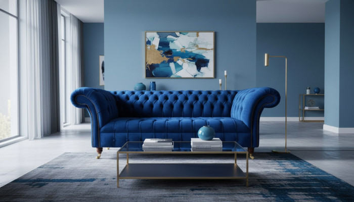Blauwe Chesterfield driezits bank 3-zits banken Luxe textiel bankstellen.