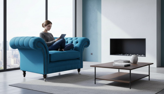 Blauwe Chesterfield fauteuil gestoffeerde bank banken 1,5 zits Fauteuil Textiel