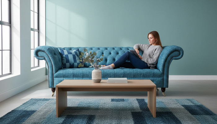 Blauwe driezitsfluwelen bank woonkamer banken bank zitmeubels Chesterfield-bank