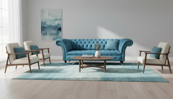 Blauwe driezitsfluwelen bank woonkamer banken bank zitmeubels Chesterfield-bank