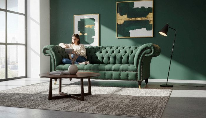 Driedelige bank, stof, groen, bekleding, meubels, Chesterfield, sofa's, banken