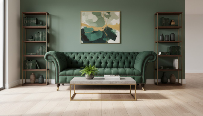 Driedelige bank, stof, groen, bekleding, meubels, Chesterfield, sofa's, banken