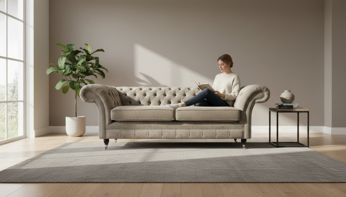 Driepersoons Chesterfield Sofa 3-zits bank Grijs Stof Woonkamer Luxe