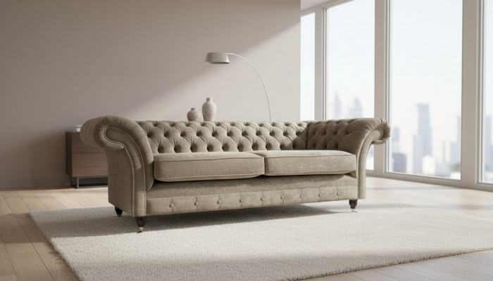 Driepersoons Chesterfield Sofa 3-zits bank Grijs Stof Woonkamer Luxe