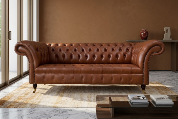 Chesterfield bank 3-zits bruin modern gestoffeerd leer woonkamer design.