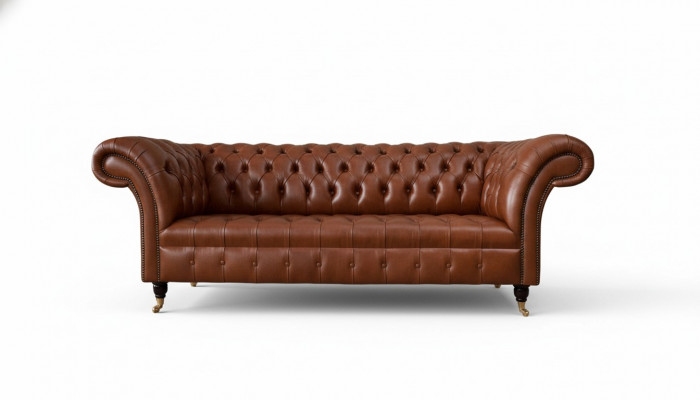 Chesterfield bank 3-zits bruin modern gestoffeerd leer woonkamer design.