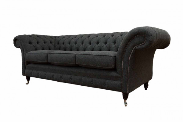 Chesterfield stoffen ontwerpbank luxueuze grijze 3-zitsbank.
