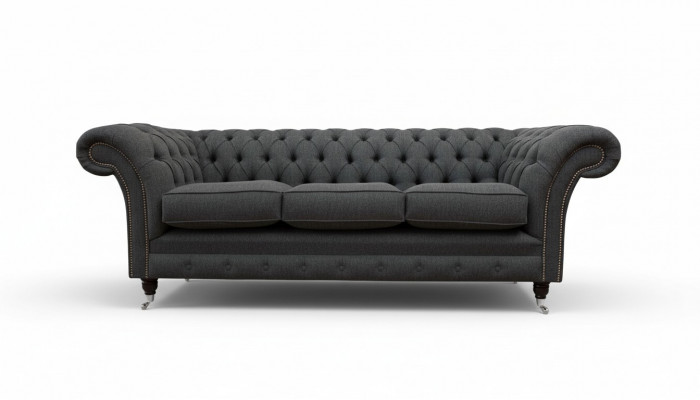 Chesterfield stoffen ontwerpbank luxueuze grijze 3-zitsbank.