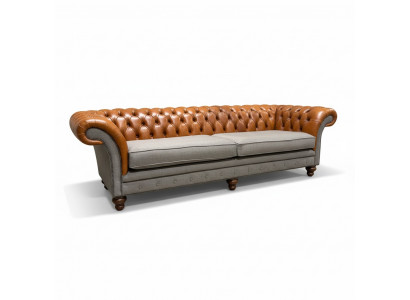 Klassieke 4-zits Chesterfield bank in bruin - hoogwaardig textiel en elegant lederen design