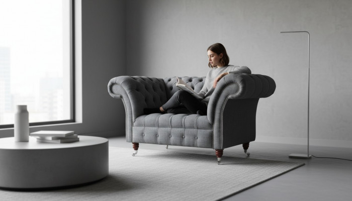 Chesterfield-design fauteuil Grijs gestoffeerd luxe textiel bankstellen 1-zits