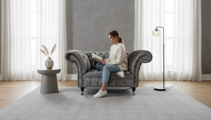 Chesterfield fauteuil ontwerp gestoffeerde bank Chesterfield textiel zilver