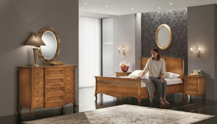 Bed 2x nightstands chest of drawers 5-piece set Bedroom Italian furniture