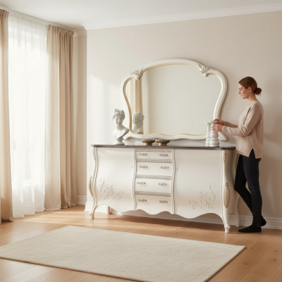 Dressoir met spiegel, wit houten meubelontwerp voor de woonkamer, nieuw.