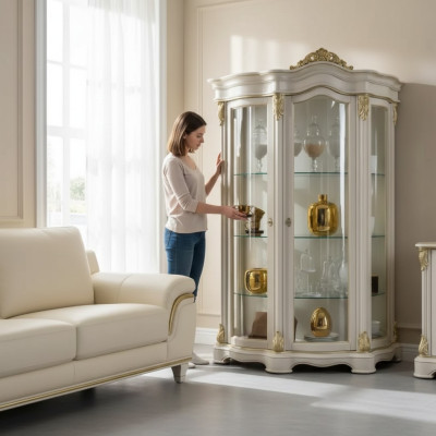 Vitrine Houten Kast Klassiek Wit Kasten Ontwerp Woonkamer Glas