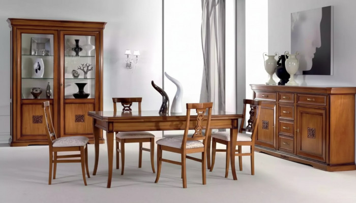 Ontwerp Eetkamer Set Garnituur 7-delig Houten Meubels 4x Stoelen Tafel Vitrine Nieuw