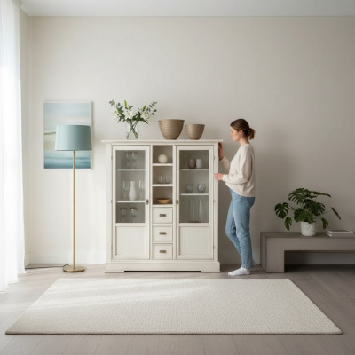 Woonkamer meubels houten vitrinekast glazen kast massief hout dressoir vitrine.