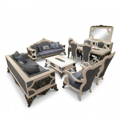 Luxe woonkamerset met 2x 3-zitsbanken, twee fauteuils en salontafel.