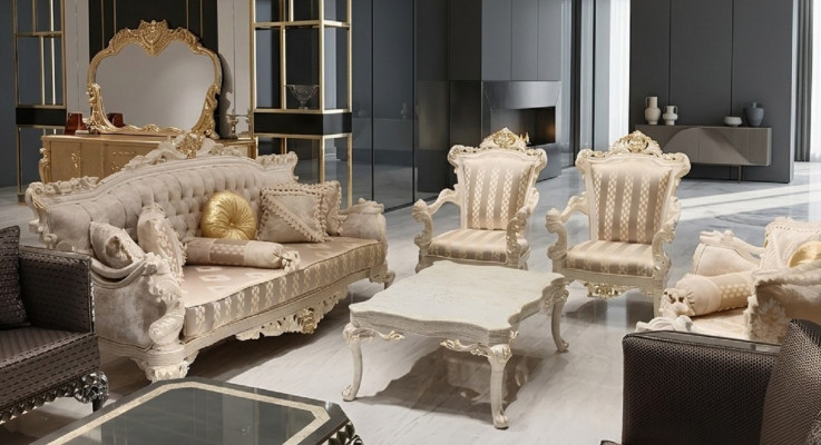 Modern woonkamer set met twee stijlvolle set 3-zitsbanken en een ontwerpersfauteuil