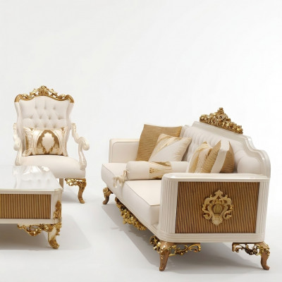 Exquise woonkamer bankstel Bank 2x Fauteuils set Luxe bankstel