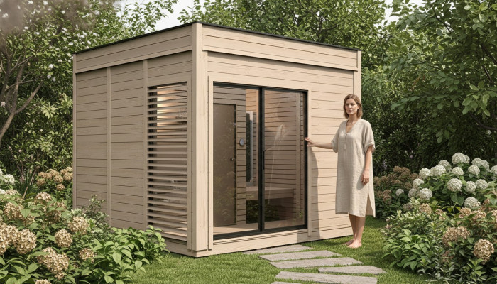 Houten sauna buitensauna hout grenenhout saunahuis panoramisch huisje tuin