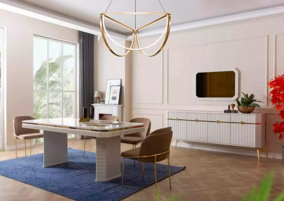 Eetkamer eettafel 6x stoel beige meubelset 7-delige luxe houten meubels