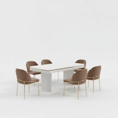 Eetkamer eettafel 6x stoel beige meubelset 7-delige luxe houten meubels