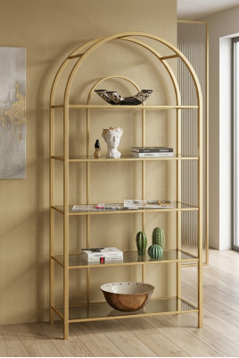 Woonkamer boekenkast roomdivider boekenplank opbergruimte goud