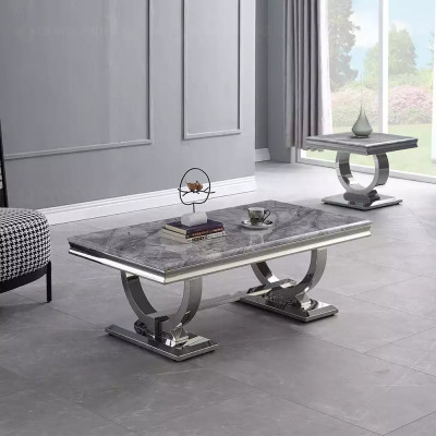 Moderne grijze salontafel, roestvrijstalen tafel, woonkamertafels, luxe design.