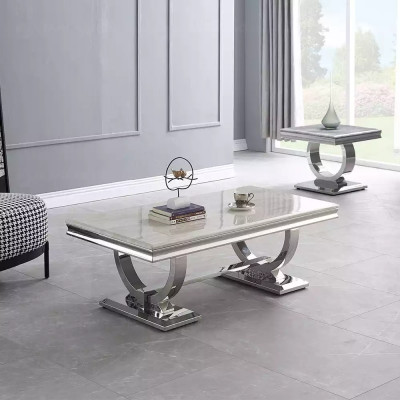 Moderne grijze salontafel, roestvrijstalen tafel, woonkamertafels, luxe design.