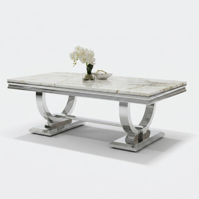 Moderne grijze salontafel, roestvrijstalen tafel, woonkamertafels, luxe design.