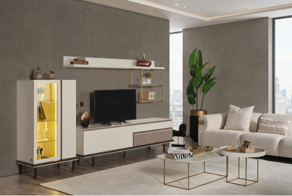 Witte woonkamerset Designer TV-standaard Luxe LED-vitrine Houten rek