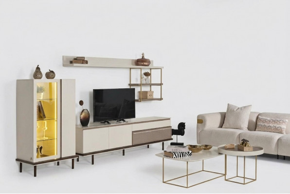 Witte woonkamerset Designer TV-standaard Luxe LED-vitrine Houten rek