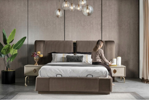Bruine slaapkamerset Designer tweepersoonsbed 2x nachtkastjes Luxe meubels
