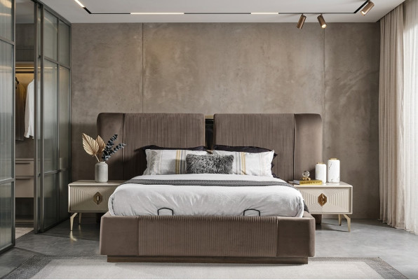 Bruine slaapkamerset Designer tweepersoonsbed 2x nachtkastjes Luxe meubels