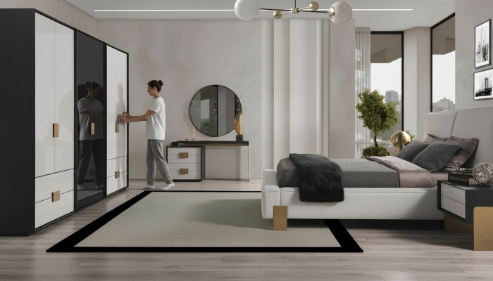 Modern slaapkamerset met tweepersoonsbed, 2 nachtkastjes, kaptafel, 6-delig