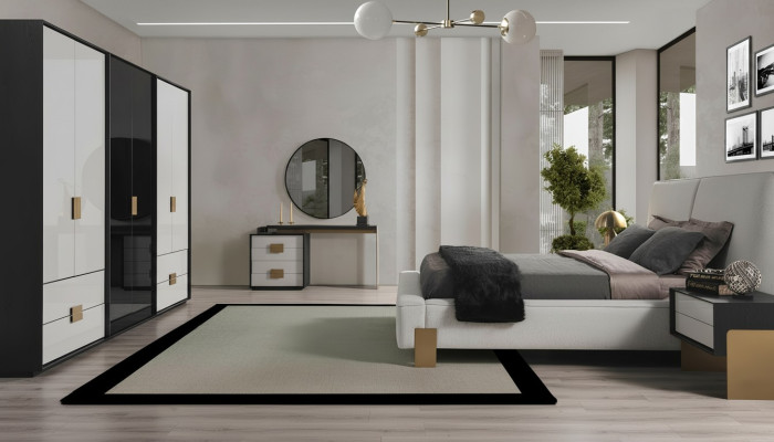 Modern slaapkamerset met tweepersoonsbed, 2 nachtkastjes, kaptafel, 6-delig
