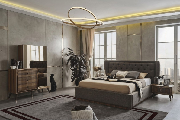 Modern slaapkamer set met designerbed, 2 nachtkastjes, commode en spiegel.