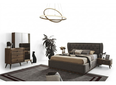 Modern slaapkamer set met designerbed, 2 nachtkastjes, commode en spiegel.